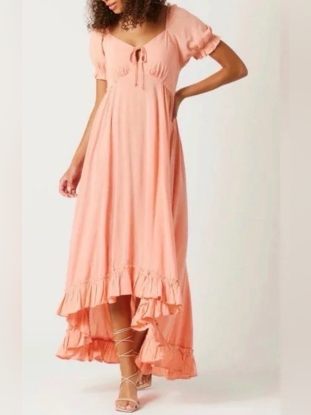 Patrons of Peace Peach Tiered Ruffle Front Tie Maxi Dress Large Like New